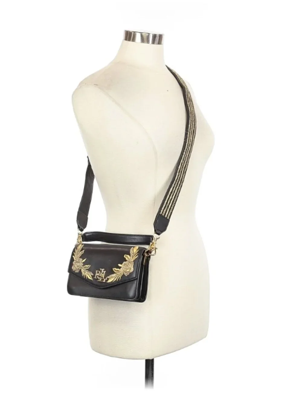 Lauren Ralph Lauren Bullion Leather Tayler Floral Crossbody Bag Black Gold