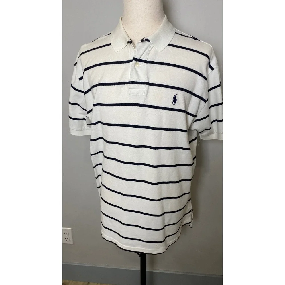 Polo Ralph Lauren Mens XL Classic Fit Striped Pique Polo Shirt White Navy Blue
