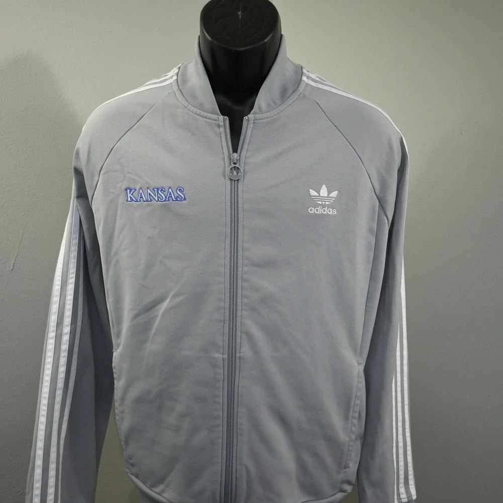 Adidas Track Jacket Mens L Gray Kansas Jayhawks Full Zip 3-Stripe Tracksuit Top