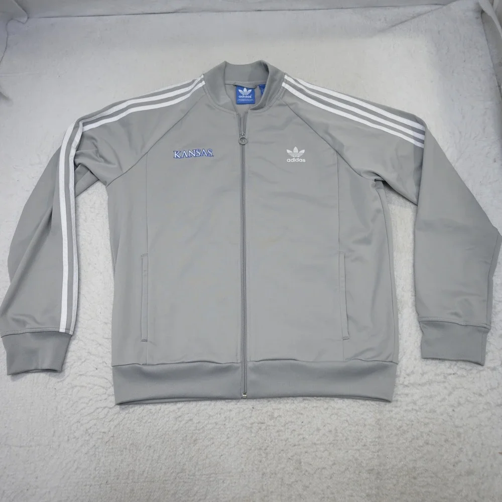 Adidas Track Jacket Mens L Gray Kansas Jayhawks Full Zip 3-Stripe Tracksuit Top