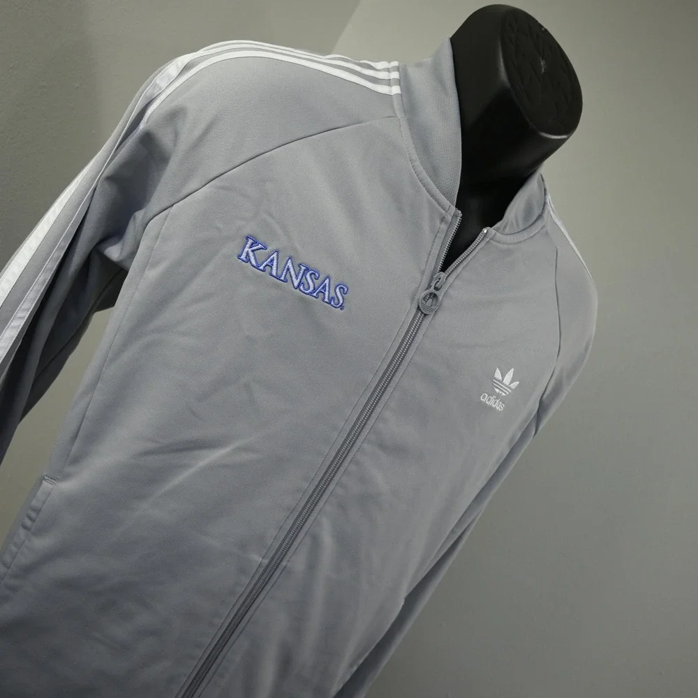 Adidas Track Jacket Mens L Gray Kansas Jayhawks Full Zip 3-Stripe Tracksuit Top