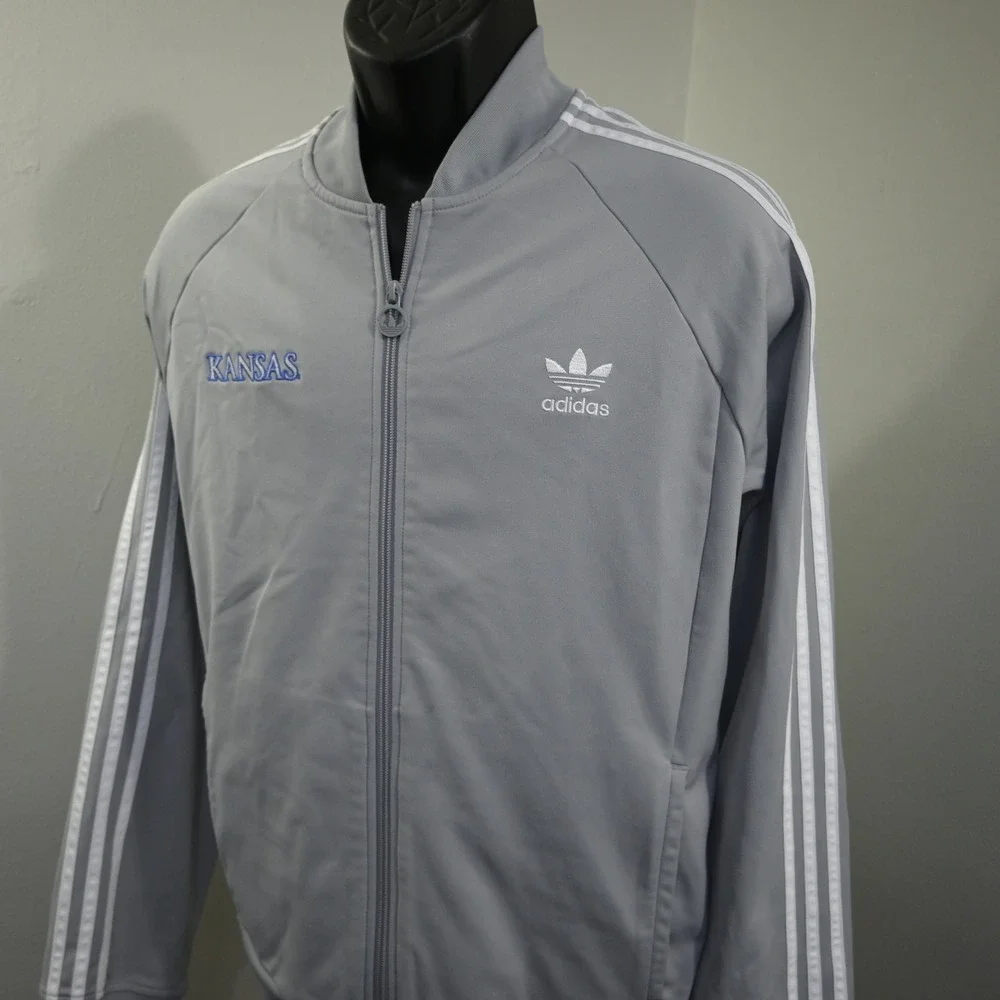 Adidas Track Jacket Mens L Gray Kansas Jayhawks Full Zip 3-Stripe Tracksuit Top