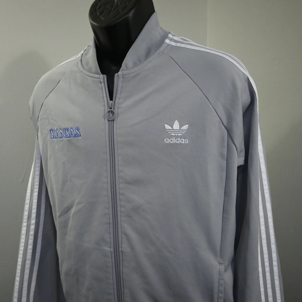 Adidas Track Jacket Mens L Gray Kansas Jayhawks Full Zip 3-Stripe Tracksuit Top