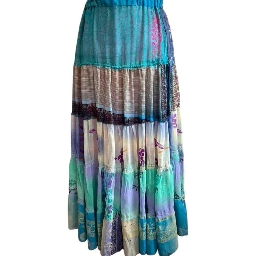 Bambu‎ Womens Teal Purple Patchwork Tiered Boho Maxi Skirt Small