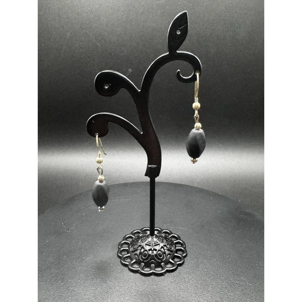 Mexico Black Obsidian Matte Oval Bead Drop Earrings Silver Tone Fishhook Dangles