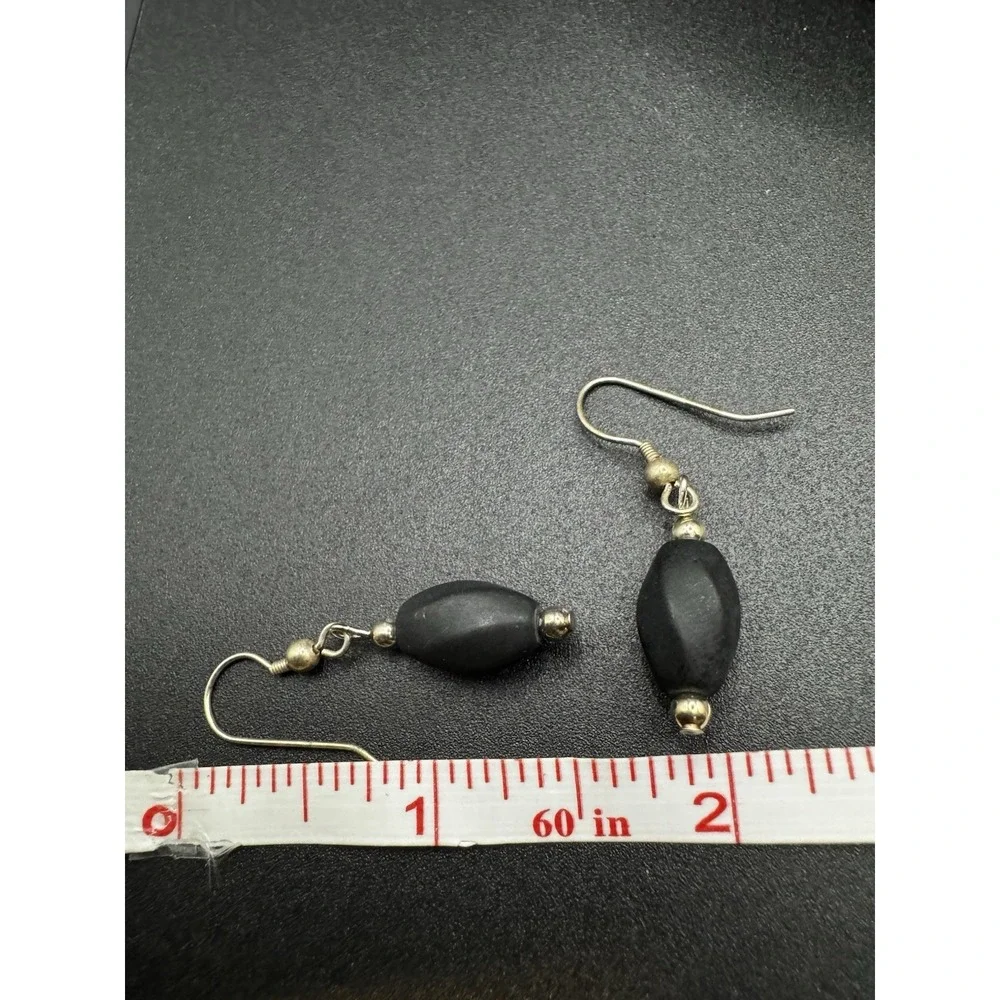 Mexico Black Obsidian Matte Oval Bead Drop Earrings Silver Tone Fishhook Dangles