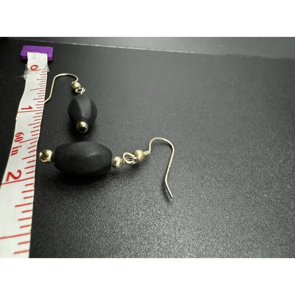 Mexico Black Obsidian Matte Oval Bead Drop Earrings Silver Tone Fishhook Dangles