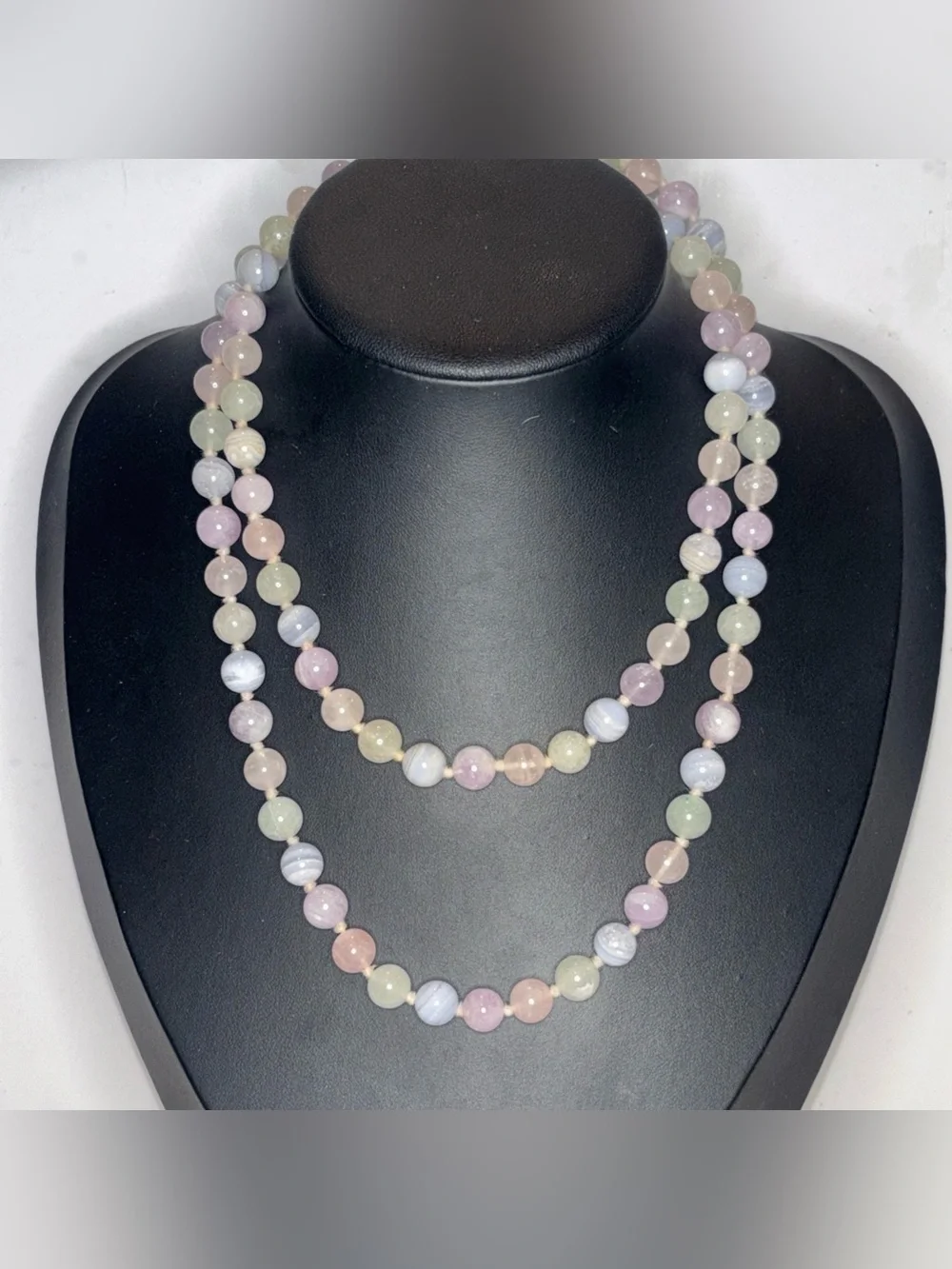 34” Knotted Multi-Gemstone Agate Bead Necklace Pastel Semi-Precious Stone Strand