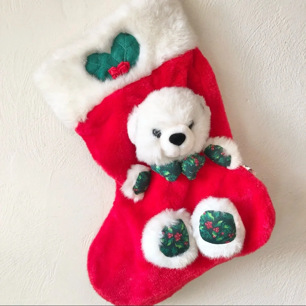 Vintage Christmas Stocking with Plush Stuffed‎ Animal Teddy Bear