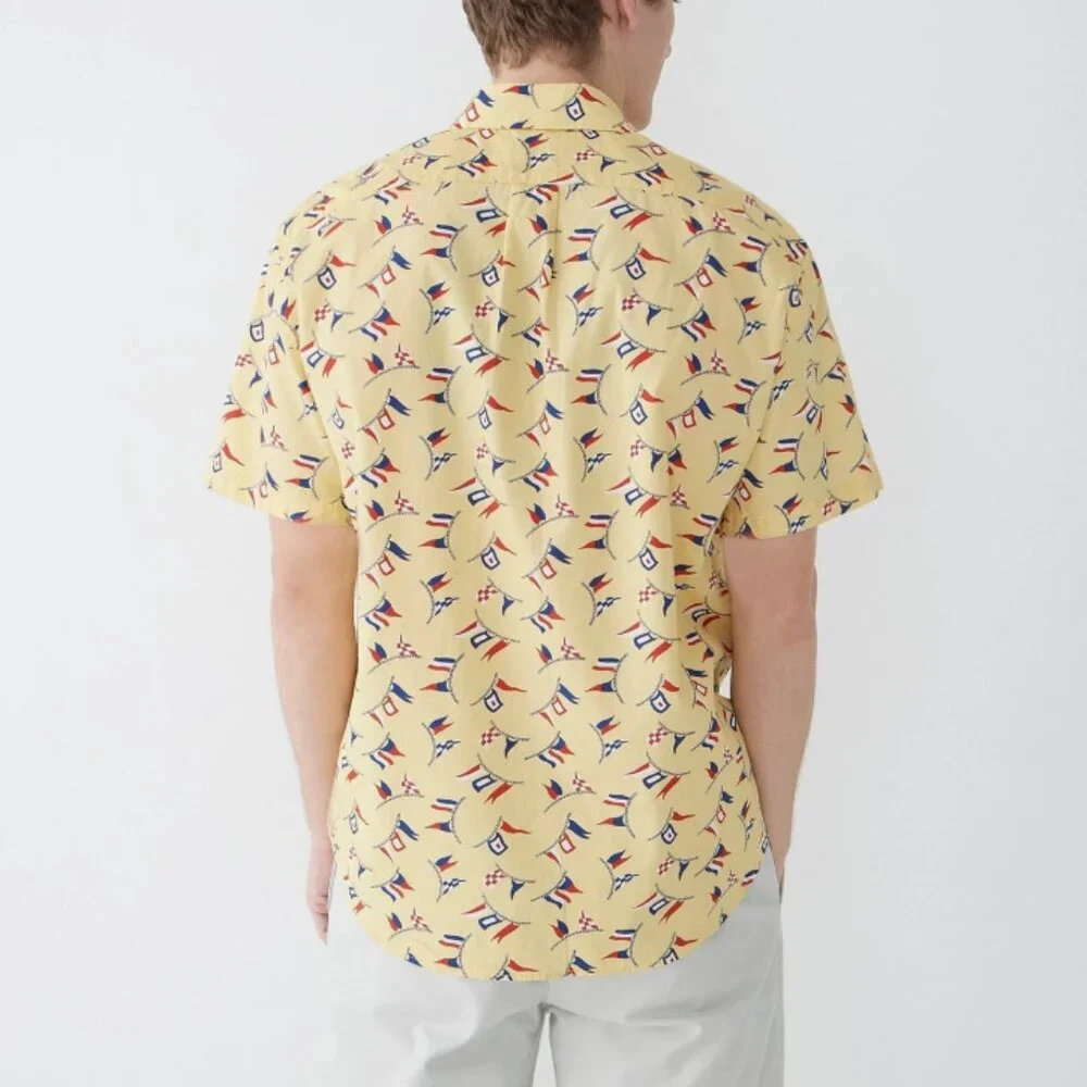 J. Crew Secret Wash Men's Yellow Nautical Flag Classic Fit Short Sleeve Shirt Me