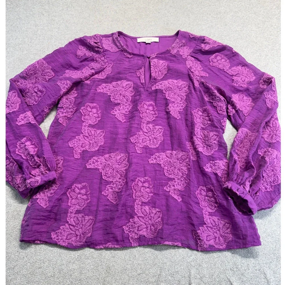 Loft Blouse Womens Small‎ Purple Floral Embroidered Peasant Boho Long Sleeve Top