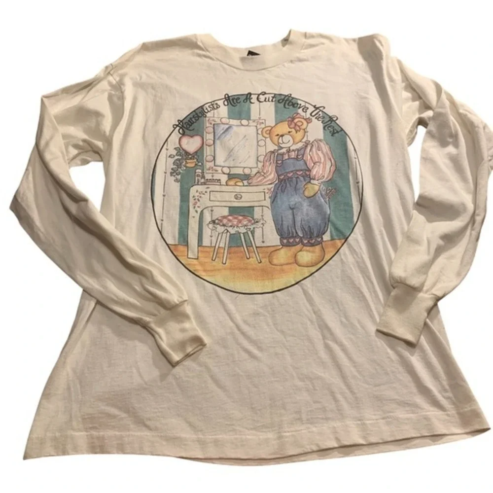 Vintage T-Shirt Tee Long Sleeve Cotton‎ Hairdresser Bear Novelty 90s Mom Large