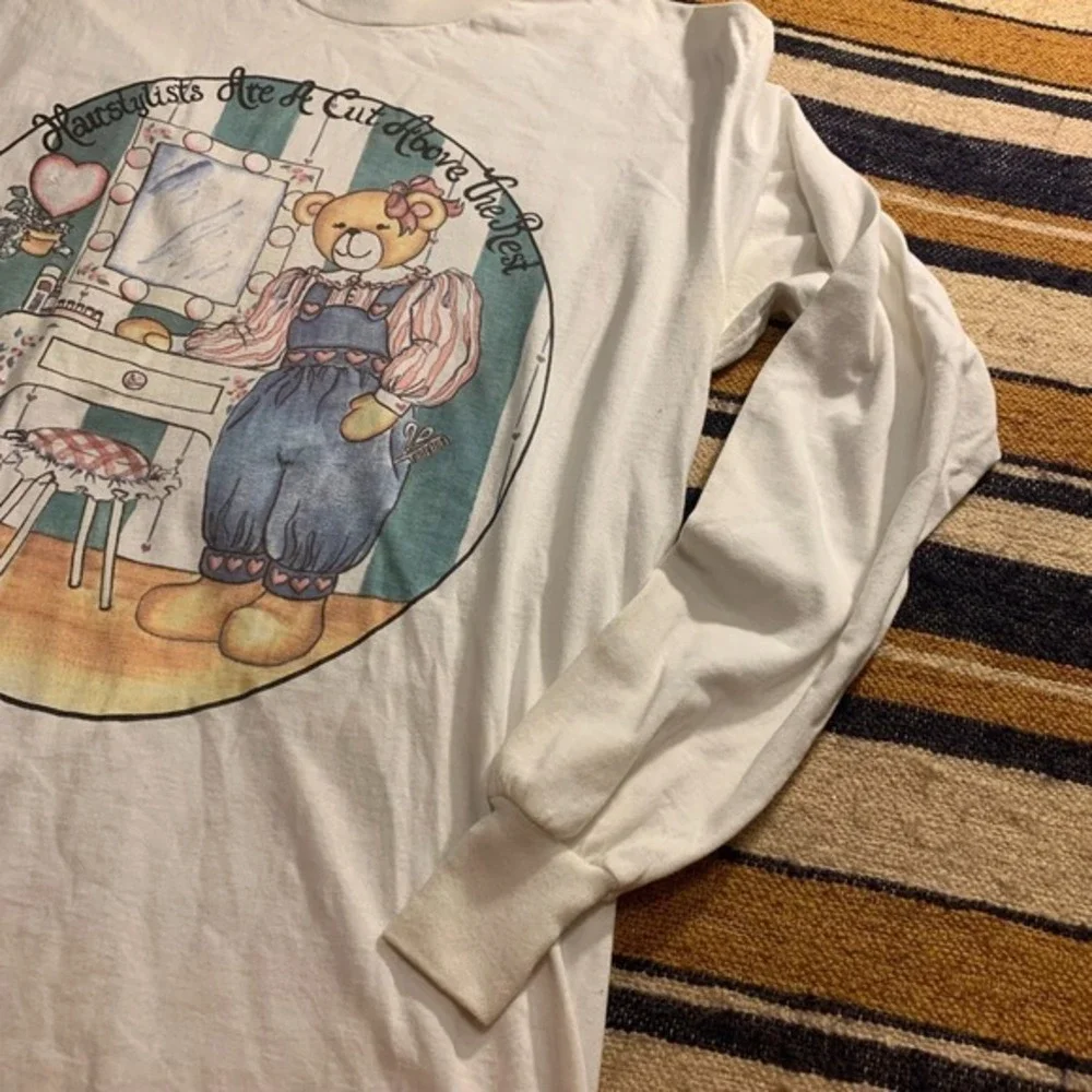 Vintage T-Shirt Tee Long Sleeve Cotton‎ Hairdresser Bear Novelty 90s Mom Large