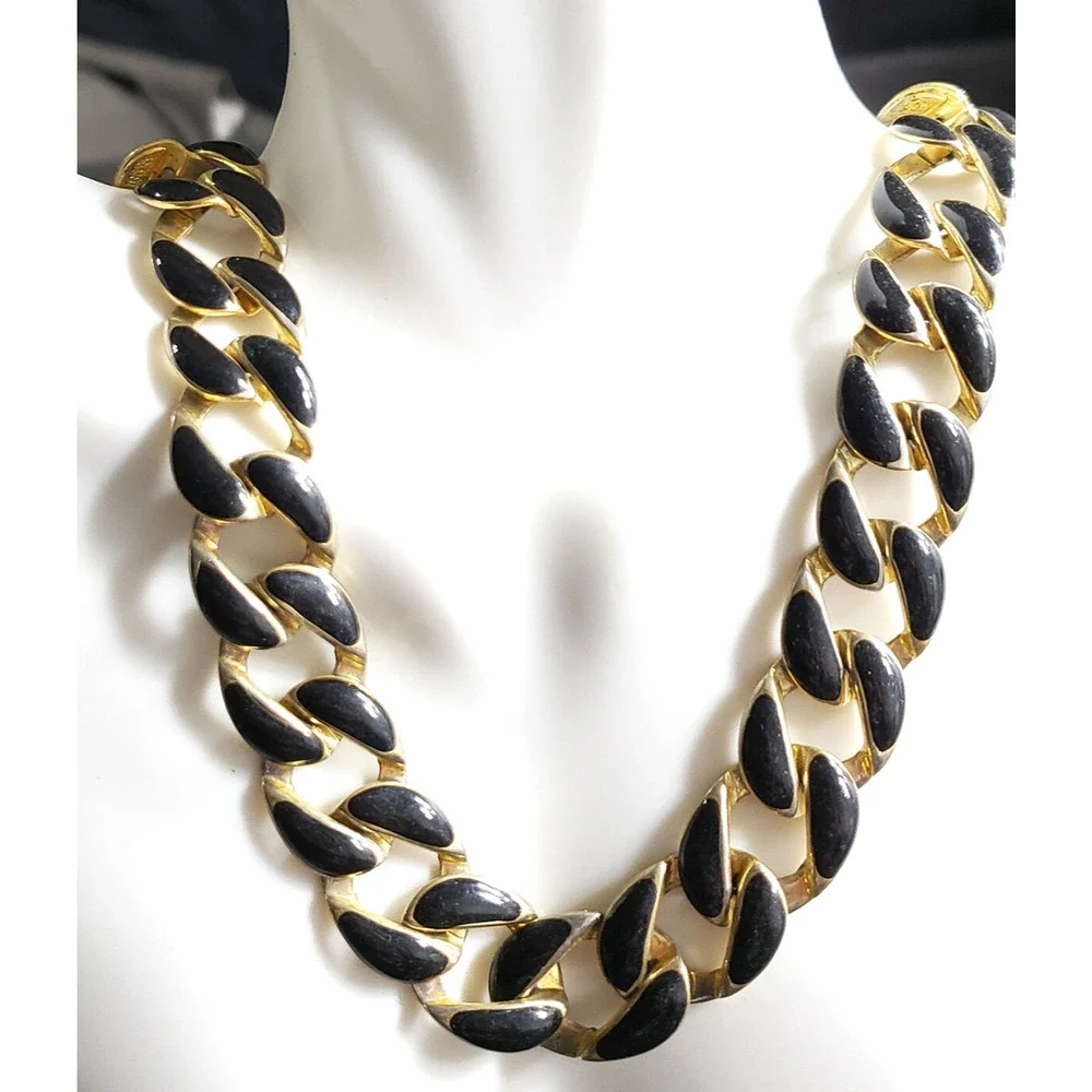 Vintage‎ Black Enamel Necklace Gold-tone, 17