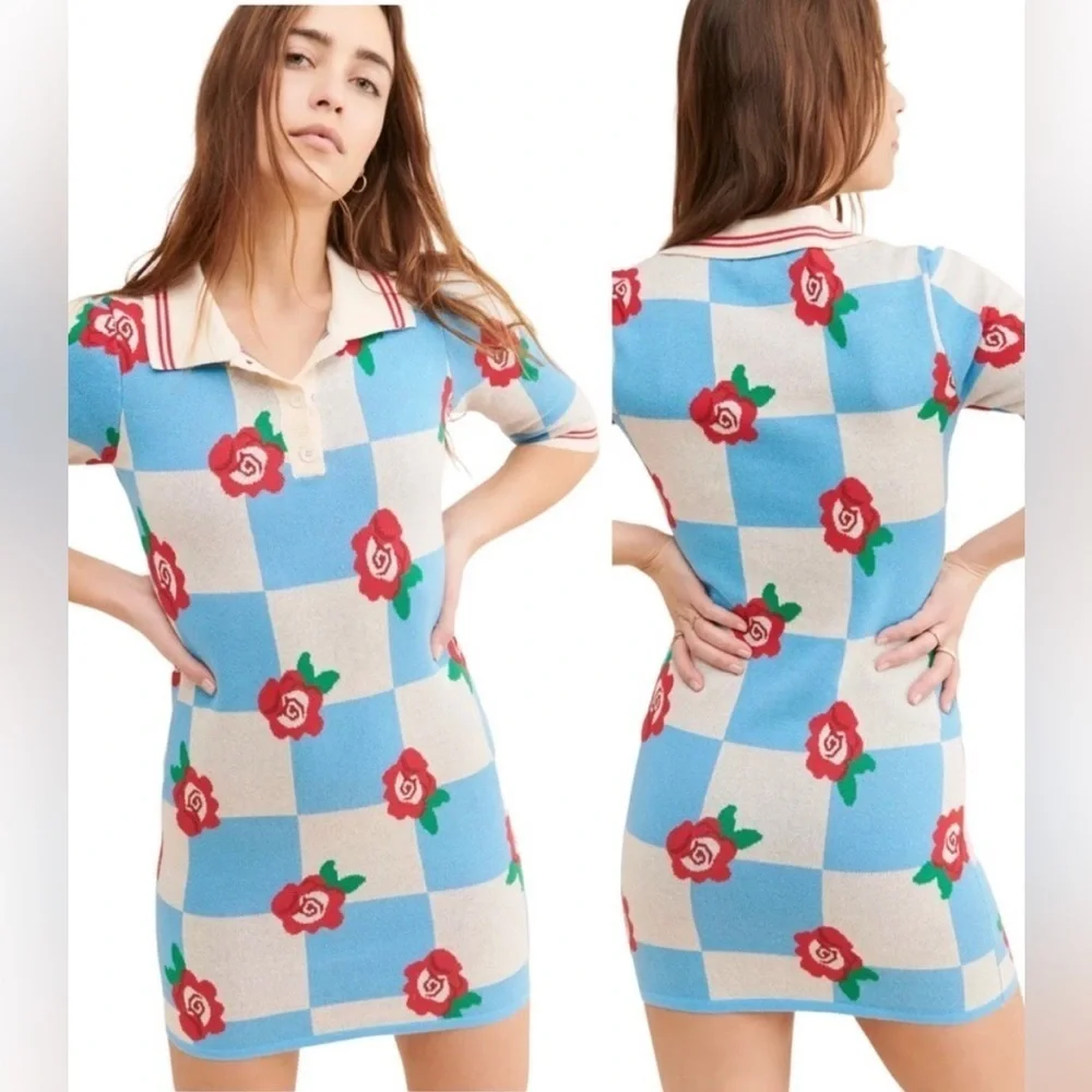 NWT Glamorous For Free People Checkerboard Roses Collared Knit Mini Dress