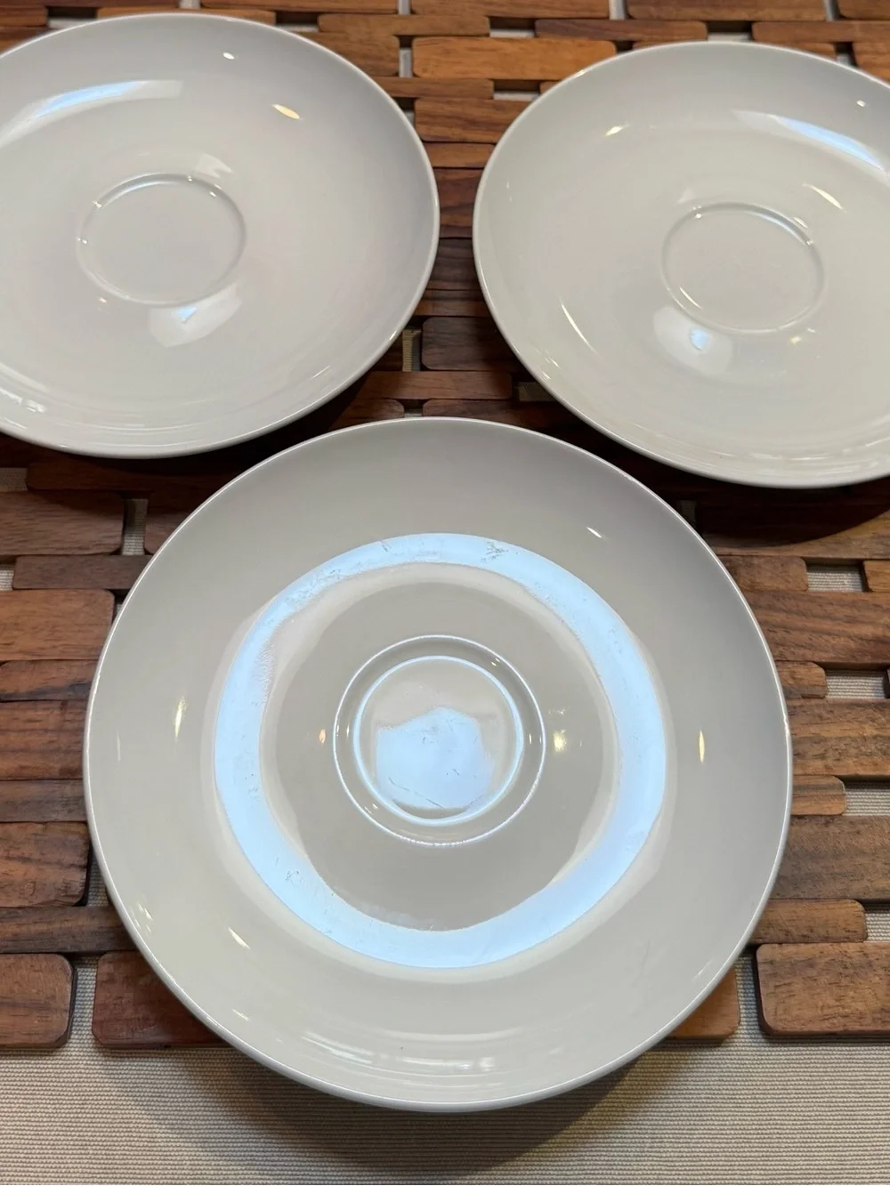 Cost Plus World Market White Ceramic Saucers with Green Stripe -Set of 3 classic