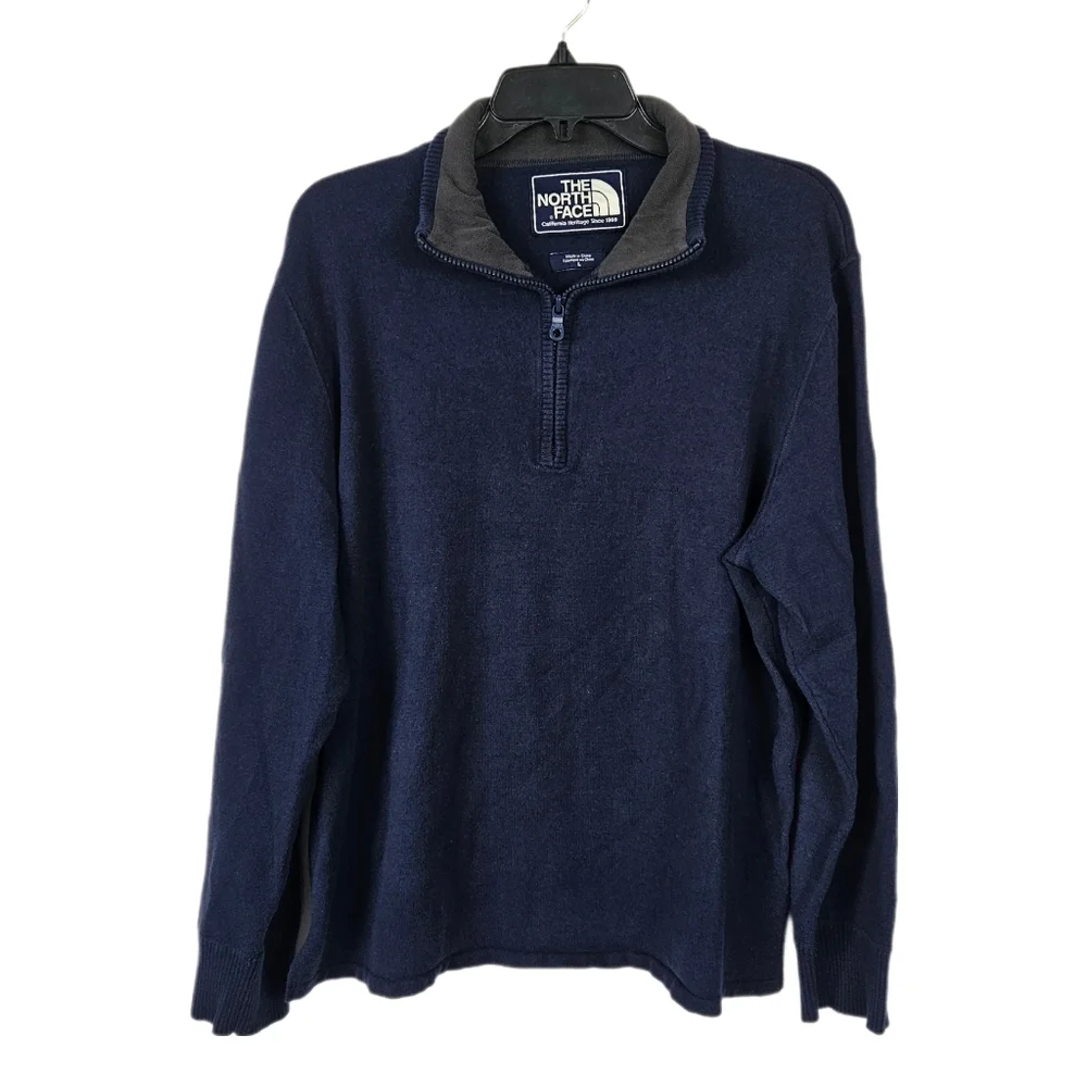 North Face Sweater Mens L Cotton Wool Blue Long Sleeve Pullover 1/4 Zip Layer