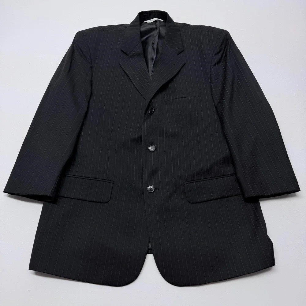 Linea Uomo Mens 39 Short Navy Blue Pinstripe Super 100s Wool 3 Button Blazer