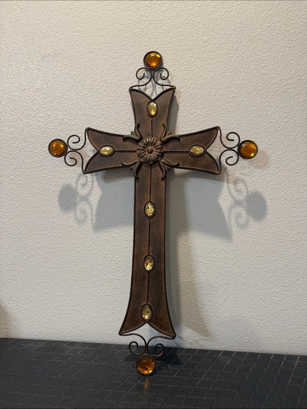 Amber Accented Brown Decorative Wall Cross - Home Wall Decor
