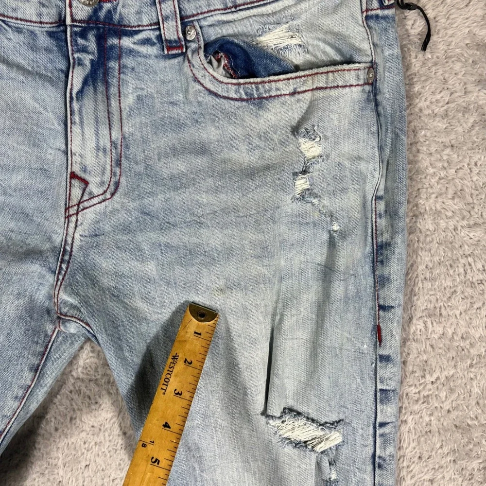 True Religion Ricky Relaxed Straight Distressed Jeans Mens 38 Red Stitch Light