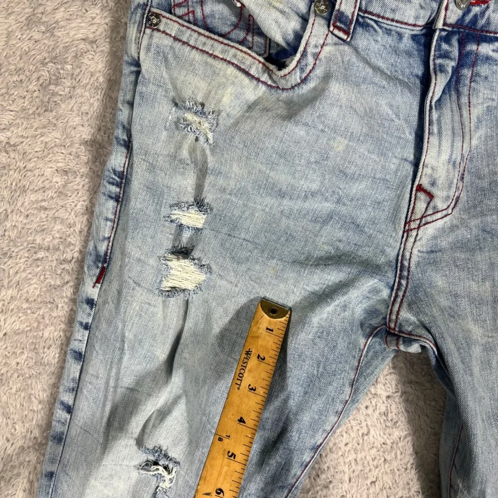 True Religion Ricky Relaxed Straight Distressed Jeans Mens 38 Red Stitch Light