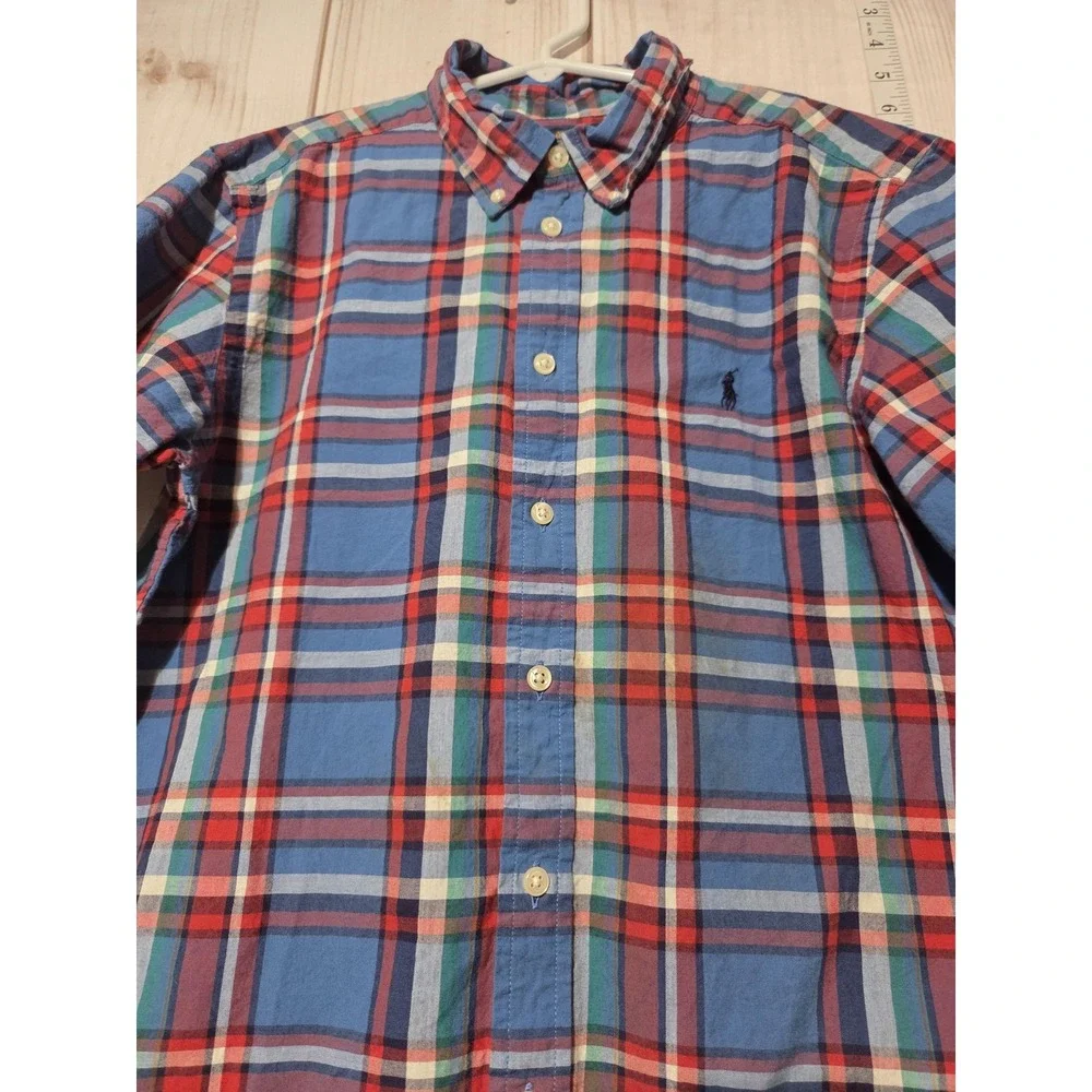 Ralph Lauren Shirt Boys Large Blue Red Plaid Short Sleeve‎ Button Down Casual