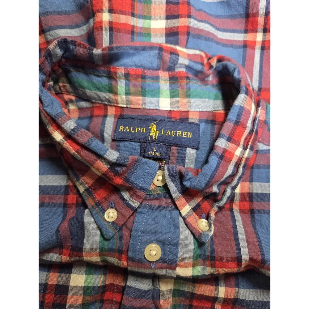 Ralph Lauren Shirt Boys Large Blue Red Plaid Short Sleeve‎ Button Down Casual