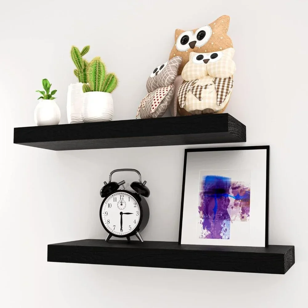 Wood City 2 Black Floating Shelves for Wall Storage & Decor