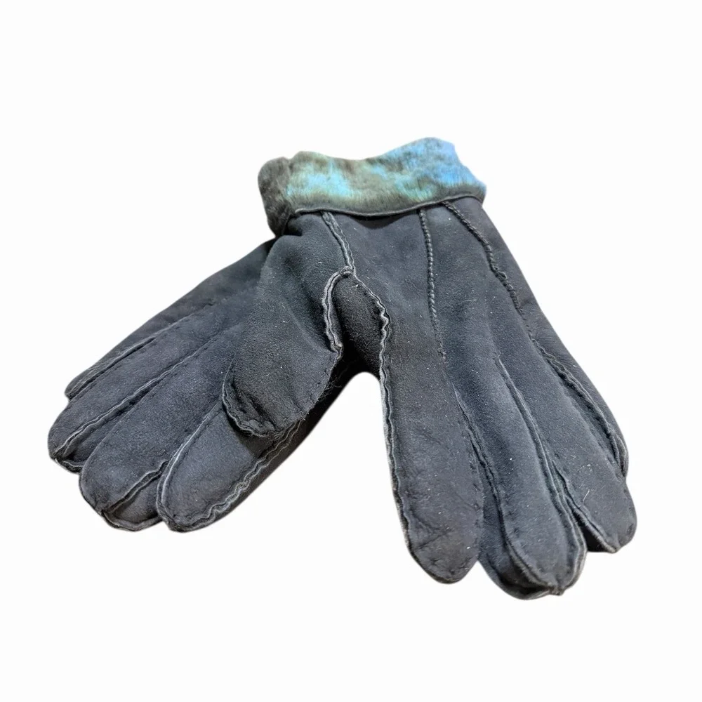 Black Genuine Lamb Fur Skin Shearling Suede Gloves with Blue Teal Trim