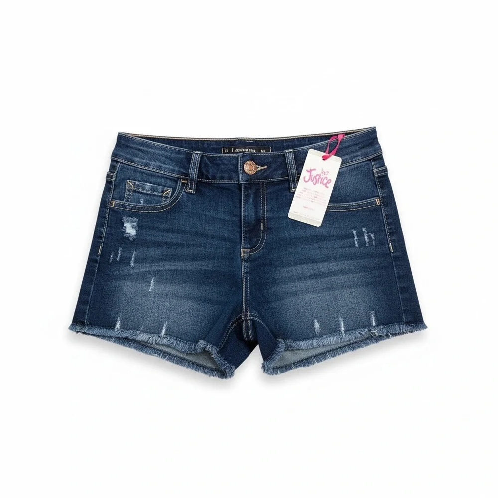 NWT Justice‎ Girls Dark Blue Jean Shorts Slight Distressing Casual Soft Stretch