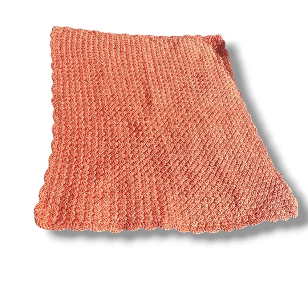 Handmade Crochet Baby Blanket Terracotta Coral Scalloped Popcorn Stitch 29x24‎