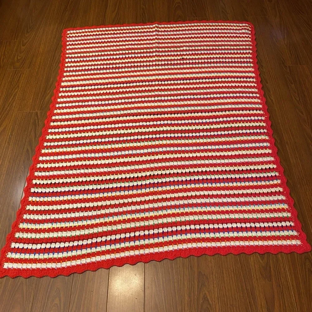 Vintage MCM Hand Crocheted Grit Stitch Afghan Red & White 57” X 44”