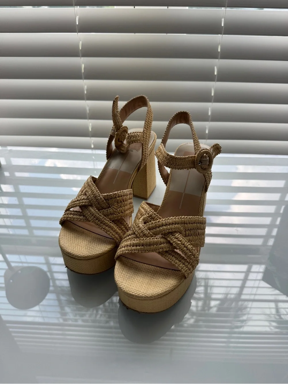 Woven Platform Slingback Heels in Natural