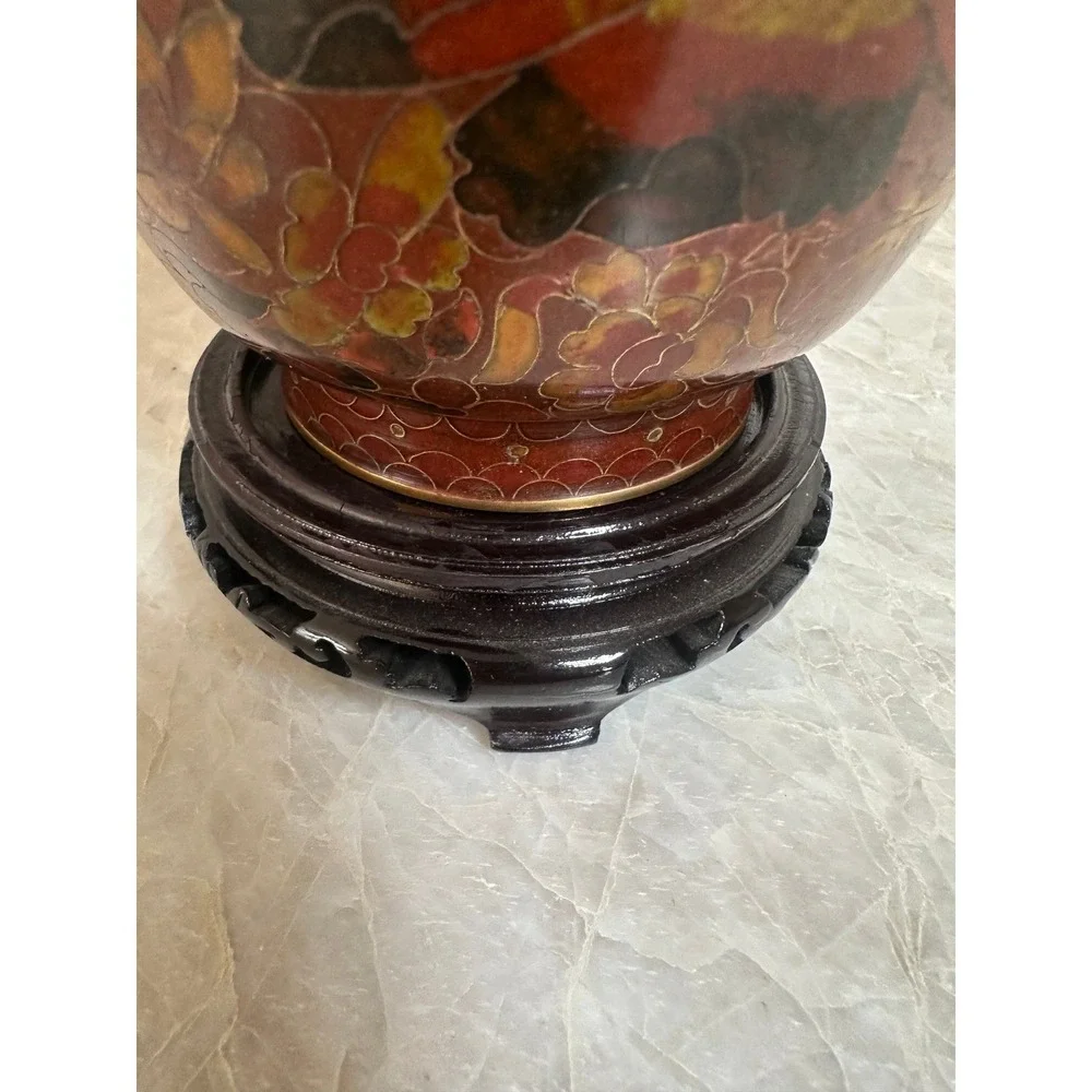 Vintage Chinese Cloisonne Enamel Floral Vase Red Gold Peony with Wood Stand
