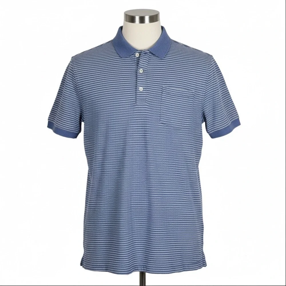 J.Crew Polo Shirt Mens Large Blue Striped Stretch Pique Pocket Short Sleeve‎ Top