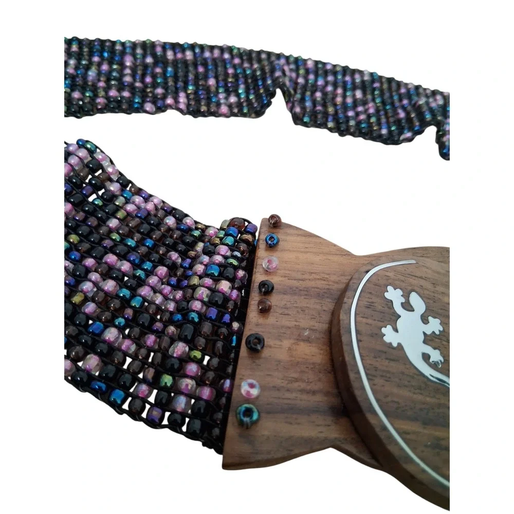 Y2k‎ Vintage Beaded Lizard Women's One Size Stretch Gypsy Wood Clasp Cinch Belt