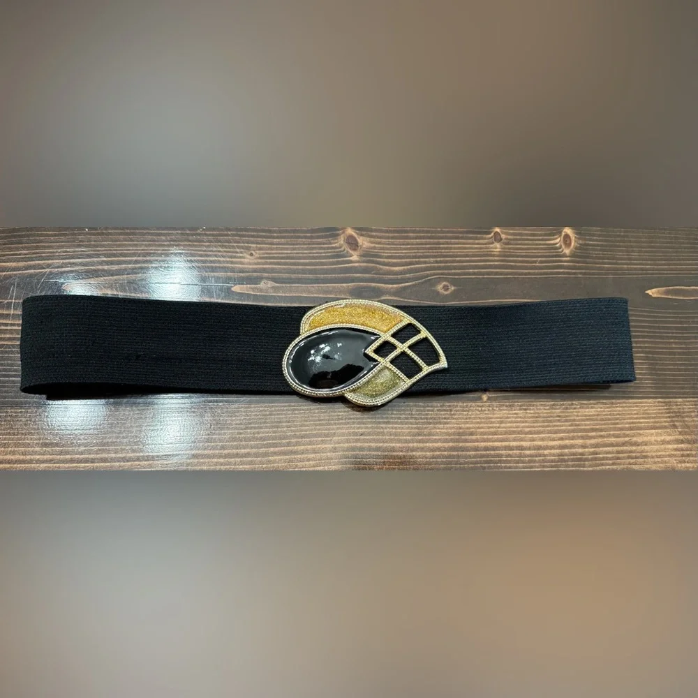 Vintage 80’s Stretch‎ Belt with Black & Gold Art Deco Style Buckle S/M