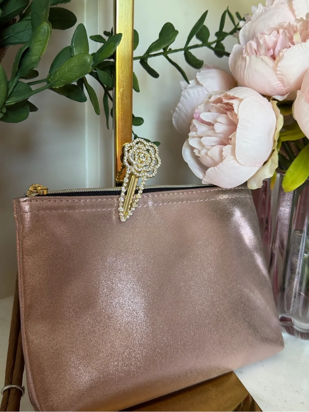 Metallic pink Wristlet Pouch - Elegant Clutch Bag w camellia clip