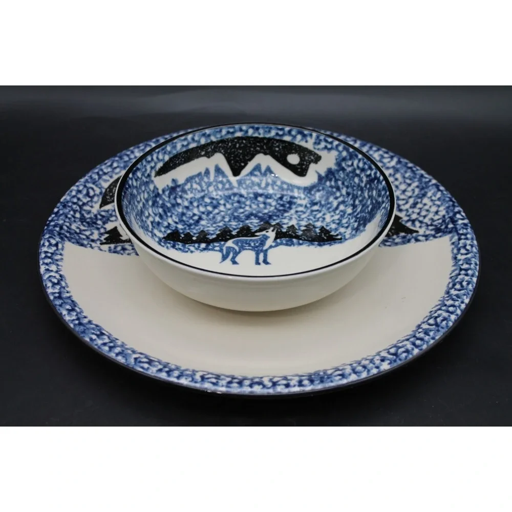 Tienshan Wolf Folkcraft Blue White Dinner Plate and Bowl Set 2-Piece Ceramic