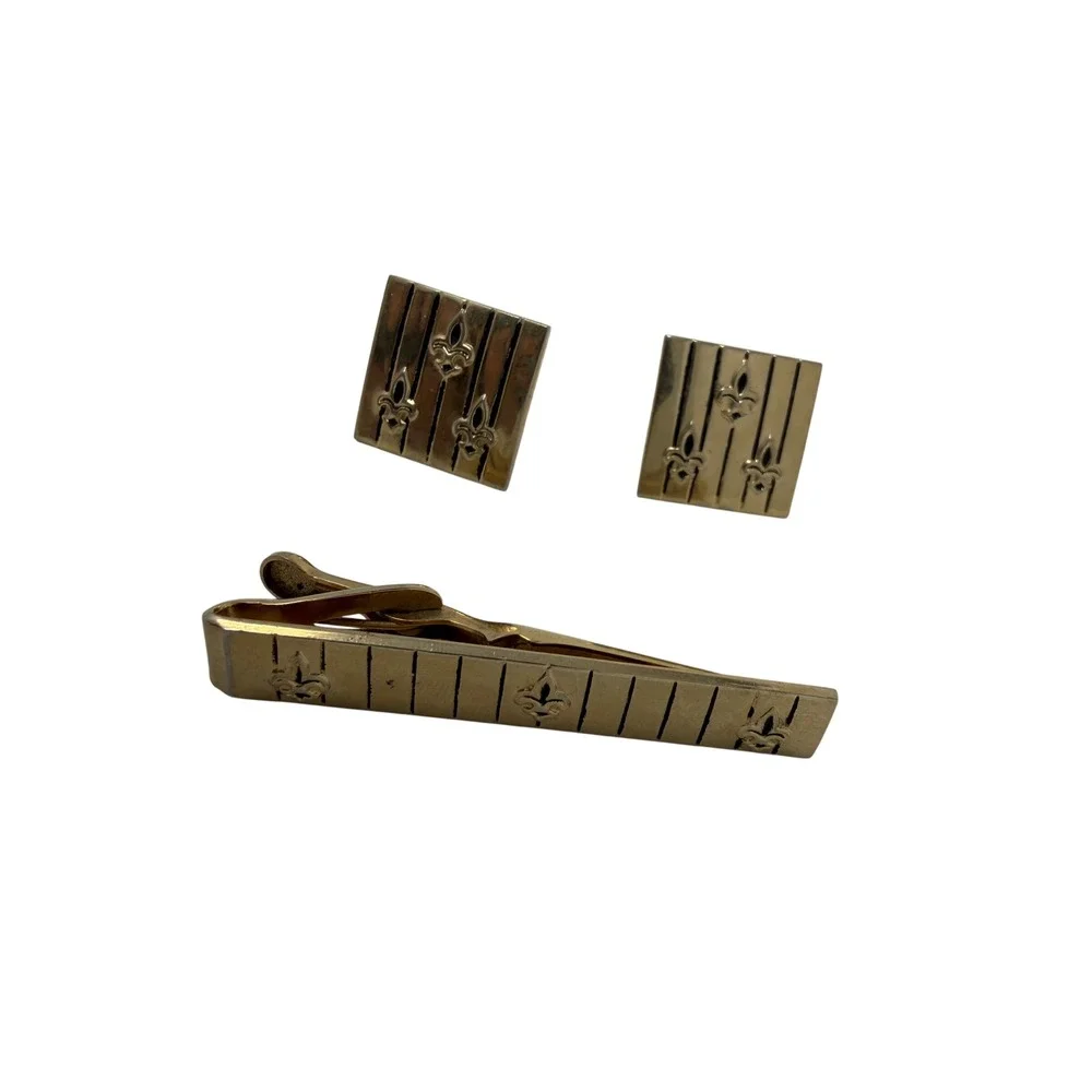 Swank Tie Clip Cufflink Set Mens OS Gold Good Fleur De Lis Vintage MCM Accessory