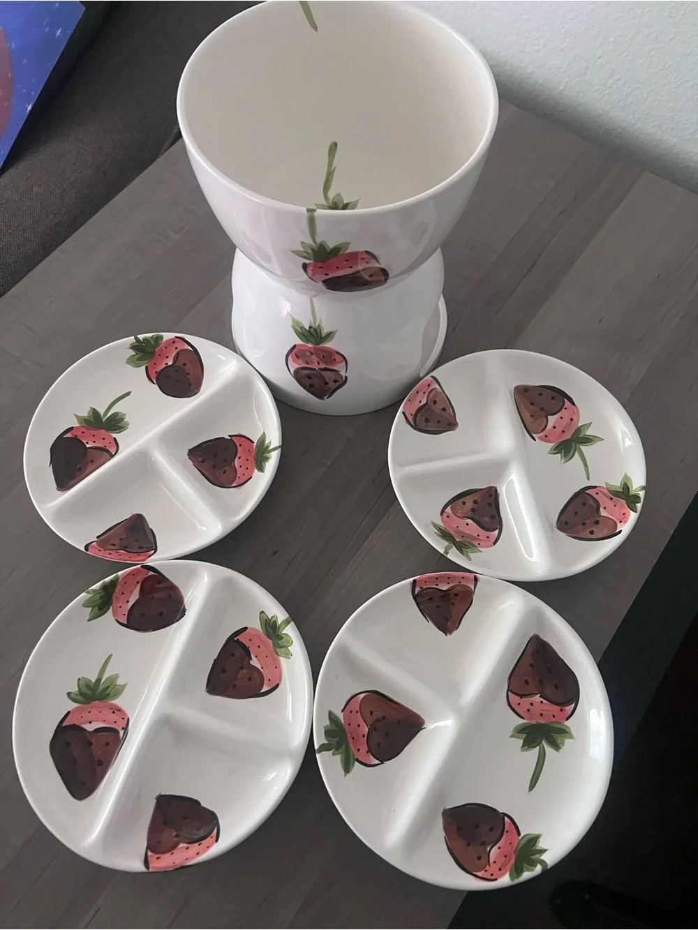 VINTAGE White Strawberry-Print Ceramic Snack Plates Dip Bowl Chocolate Fondue