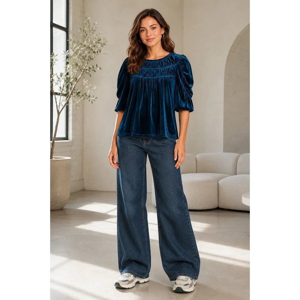 LOFT Teal Velvet Pleated Bib Puff Sleeve Top XL Blue Holiday Evening Blouse
