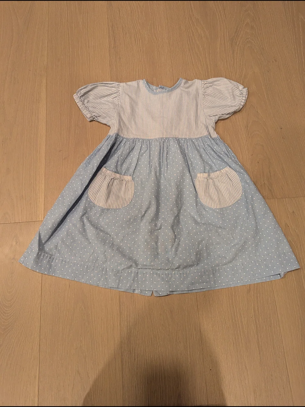 Vintage OshKosh Light Blue Polka Dot Kids Dress with Striped Accents