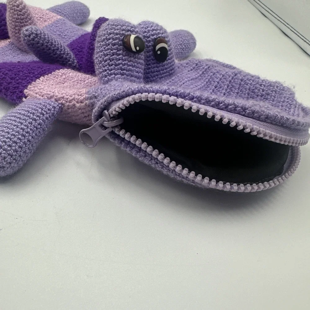 Handmade Crochet Dinosaur Dragon Zip Pouch Coin‎ Purse Bag Purple Stripe Cute