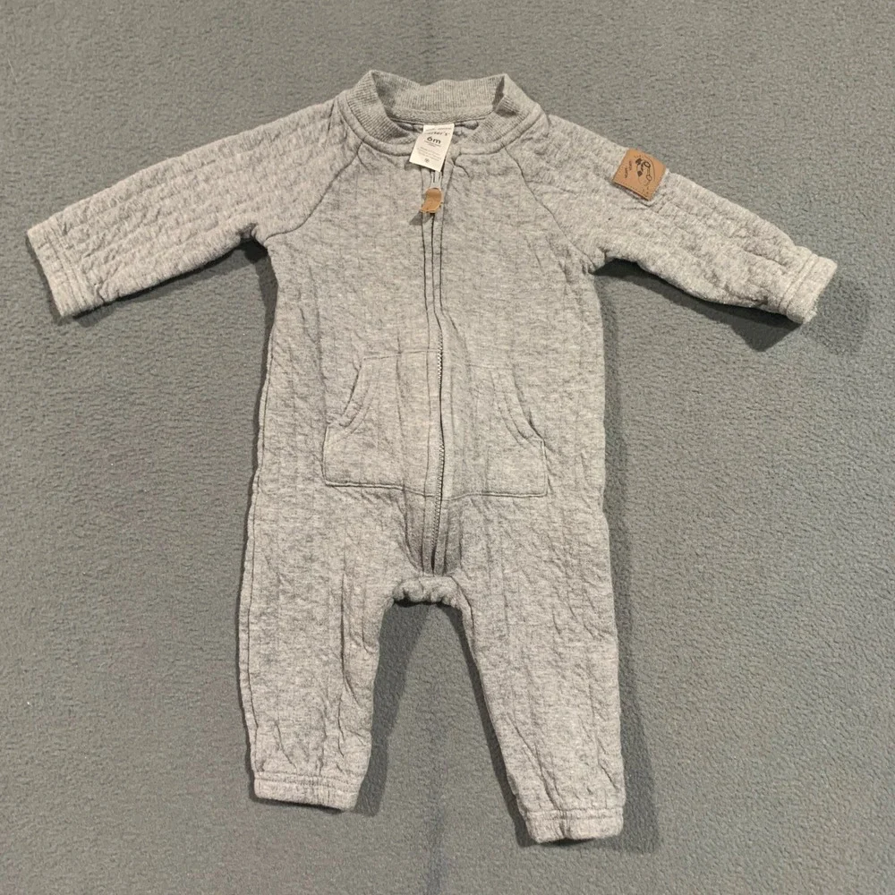 Carters Baby‎ 6M Gray Quilted Full Zip Jumpsuit One Piece Romper Vroom Patch