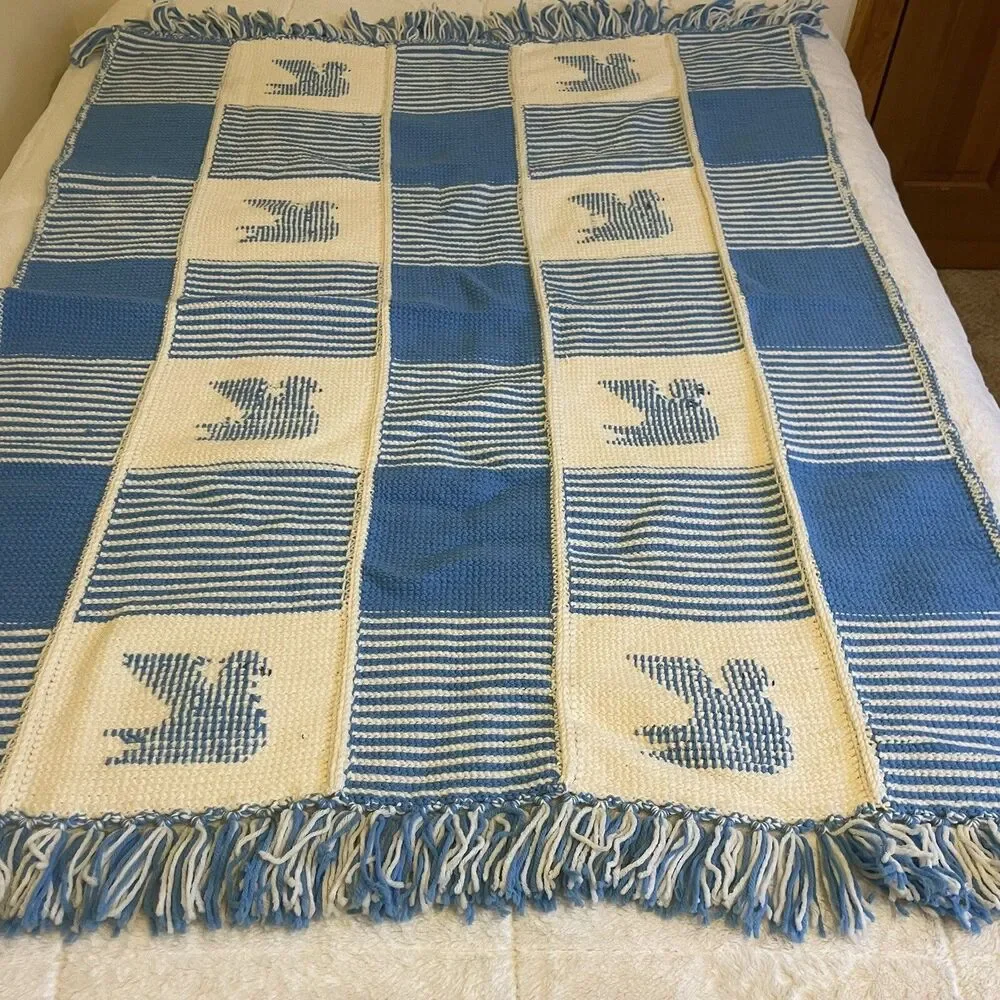 Handmade Crocheted Granny Square Bird Afghan Throw Lap Blanket Blue Cream 46x64”