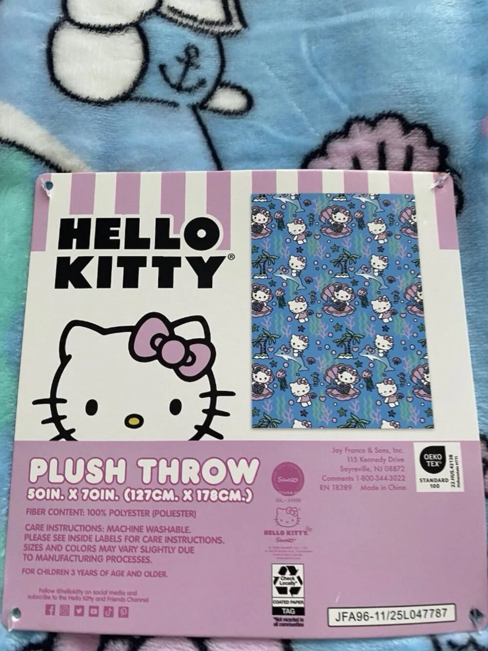 Hello Kitty Mermaid Dolphin Jellyfish Soft Throw Blanket Blue Pink 50” X 70” NEW