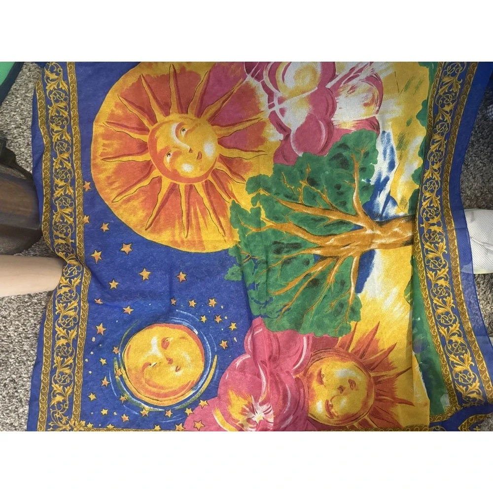 Vintage Celestial Silk Scarf Royal Blue Gold Sun Face Astrology Square Shawl