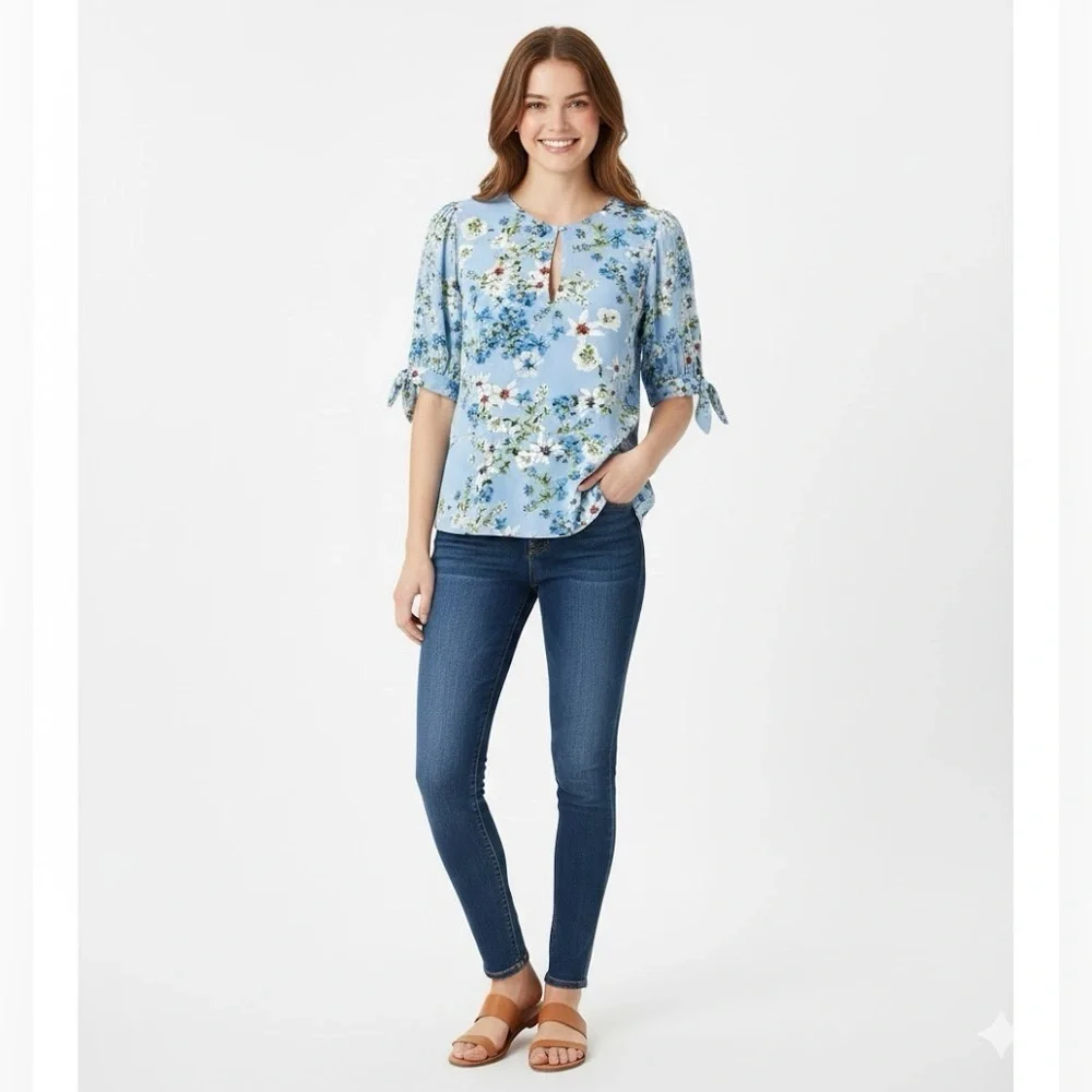 Banana Republic Floral Keyhole Peplum Top In Light Blue With Tie Sleeves
