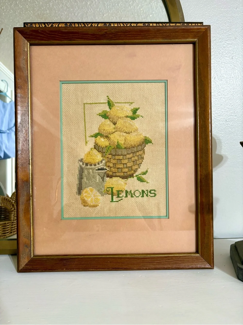 Vintage Lemon Basket Cross-Stitch Wall Art - Yellow, Green, Brown